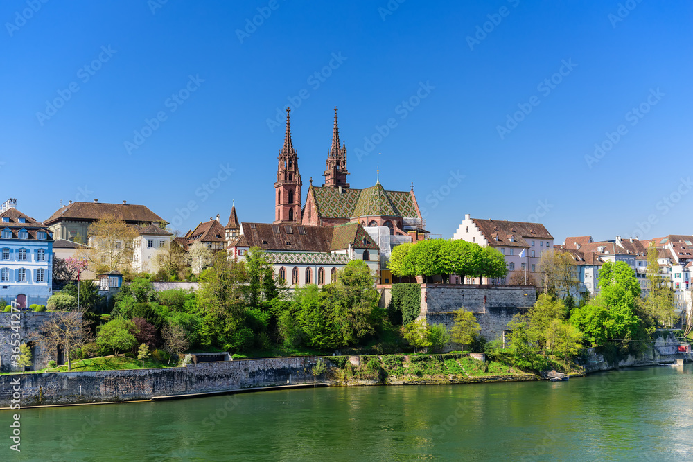 View of the historical part of Basel, Basel Minster Cathedral in the center