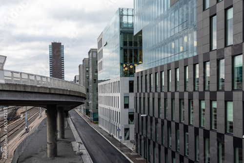 High road bridge in the city center of Oslo, Norway. Grey office modern business district elevated road.
