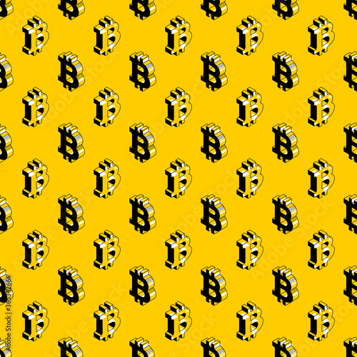 Black-white isometric symbols of cryptocurrency bitcoin seamless pattern on a yellow background. Modern business geometric illustration. Vector eps10