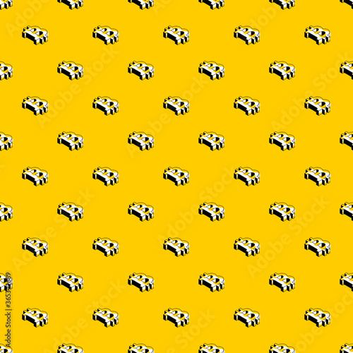 Black-white isometric symbols of cryptocurrency bitcoin seamless pattern on a yellow background. Modern business geometric illustration. Vector eps10