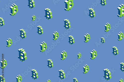 Isometric symbols of cryptocurrency Bitcoin with green elements on a blue background. Vector business wallpaper template easy to edit and customize. Eps10