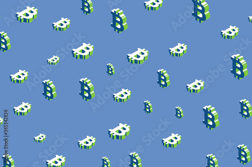 Isometric symbols of cryptocurrency Bitcoin with green elements on a blue background. Vector business wallpaper template easy to edit and customize. Eps10
