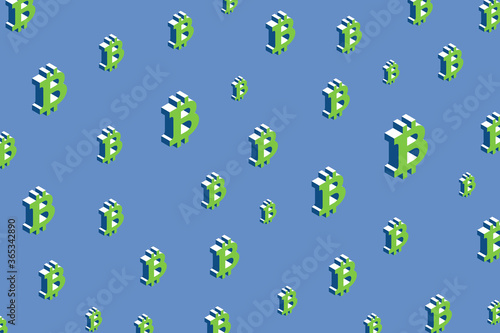 Isometric symbols of cryptocurrency Bitcoin with green elements on a blue background. Vector business wallpaper template easy to edit and customize. Eps10