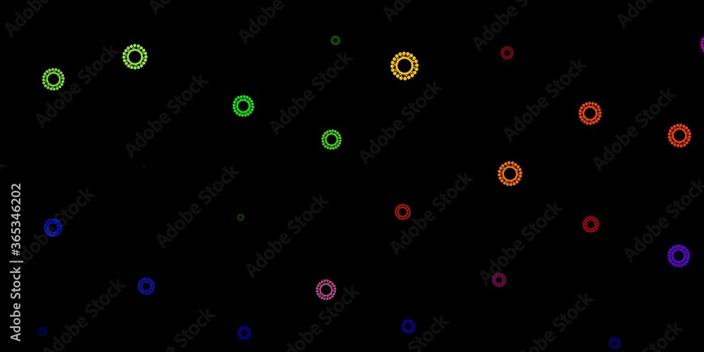 Dark multicolor vector backdrop with virus symbols.