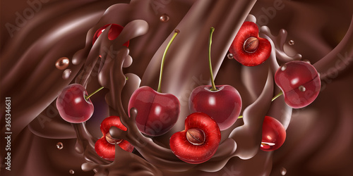 Whole and sliced cherries in liquid chocolate.