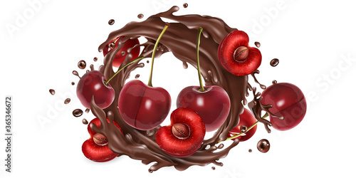 Whole and sliced cherries in a chocolate splash.