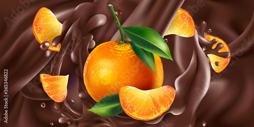 Whole and sliced mandarins in liquid chocolate.