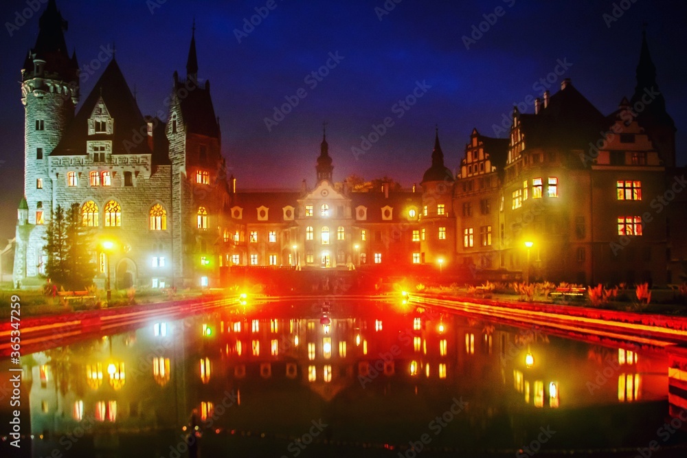 Brightly illuminated castle in the night with a little pond in the front. 