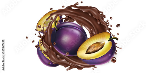 Whole and sliced plums in a chocolate splash.