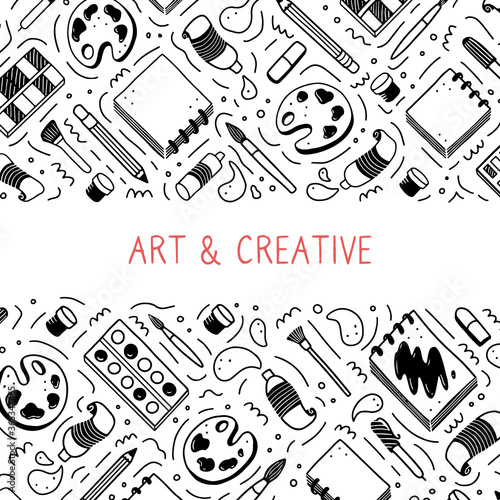 Hand drawn set of creative artist tools element, brush, pencil, paint, sketchbook, marker. Doodle sketch style. Artist element drawn by digital pen. Vector illustration for banner, icon, craft design