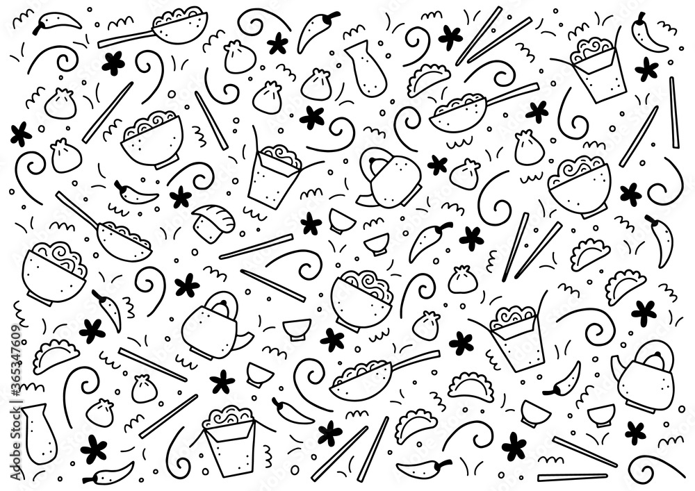 Hand drawn set of Asian food elements, wok, ramen, noodle, soy. Doodle sketch style. Asian food element drawn by digital pen. Vector illustration for menu, frame, recipe design. Hand drawn set of Asian food elements, wok, ramen, noodle, soy. Doodle sketch style. Asian food element drawn by digital pen. Vector illustration for menu, frame, recipe design.