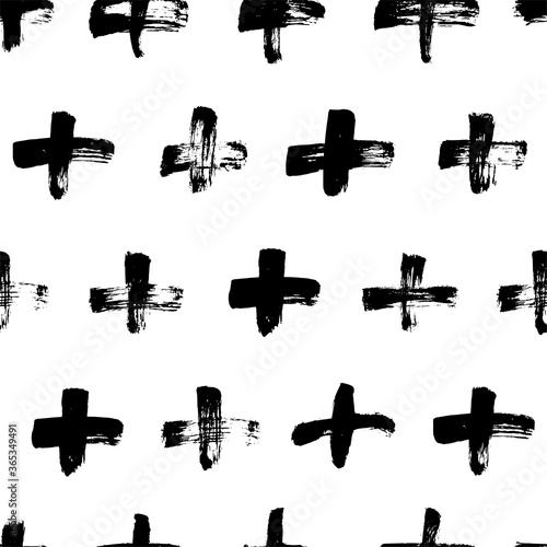 Black crosses vector seamless pattern. Hand drawn cross and plus sign. Black paint brush strokes geometrical pattern for wallpaper, web page background, textile design, graphic design. 