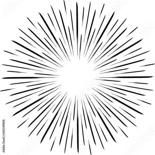 Black grunge radial speed lines. Circle form. Explosion background. Star rays. Sunburst. Fireworks. Handwritten design element for frames, prints, tattoo, web, template, logo, and comic books