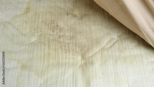 Pulling Back A Bedsheet To Reveal A Urine Stained Mattress