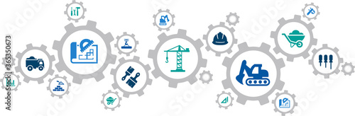 Construction vector illustration. Concept with connected icons related to real estate, construction industry, architecture, development project management or building renovation and maintenance.