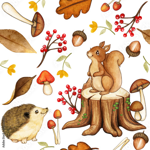 cute watercolor woodland pattern with squirrel and hedgehog