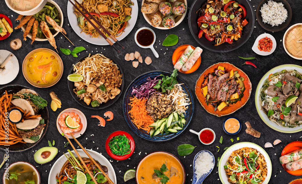 Asian food background with various ingredients on rustic stone background , top view. Vietnam or Thai cuisine. Asian food background with various ingredients on rustic stone background , top view. Vietnam or Thai cuisine.