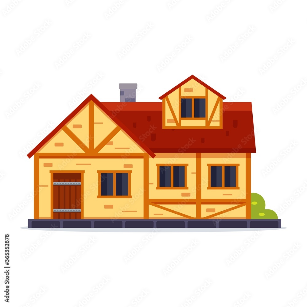 Medieval residential mansion icon in flat style. Middle age European house symbol. Vintage Europe buildings.