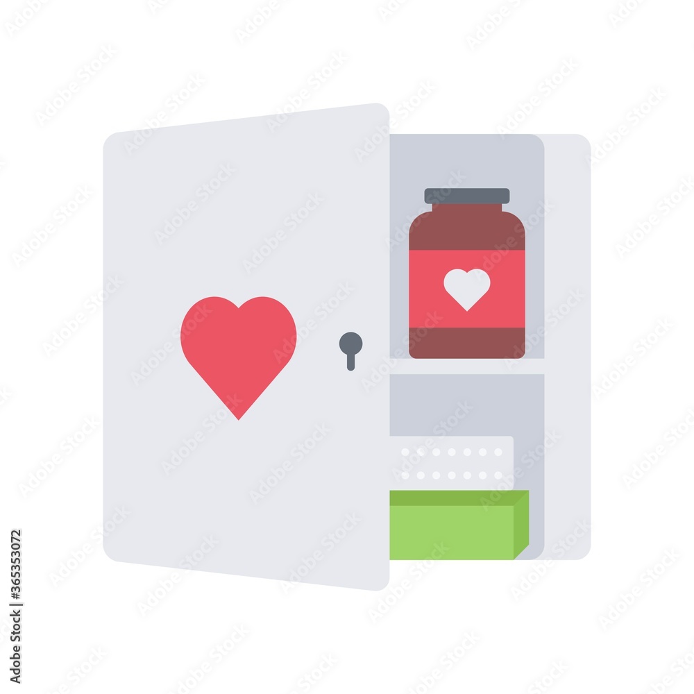 Medicine cabinet with pill tablets, drug bottles icon illustration. Medical office first aid kit cupboard vector icon. Medicine cabinet with pill tablets, drug bottles icon illustration. Medical office first aid kit cupboard vector icon.
