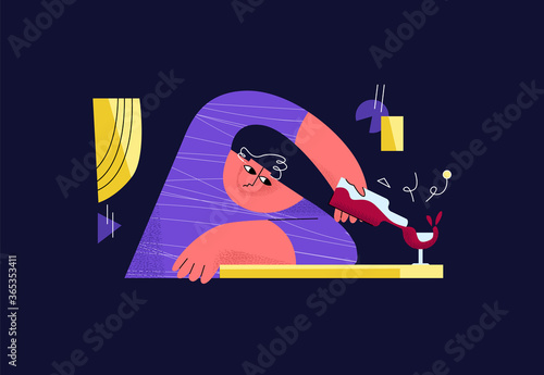 Vector flat abstract linear illustration with drunk man who pours wine into glass. Concept alcoholism, hangover, drinking. It can be used in banners, web design, etc.