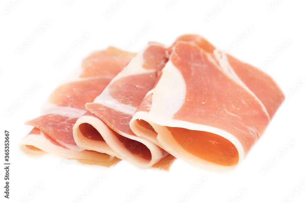 Italian prosciutto crudo or jamon. Raw ham. Isolated on white background
