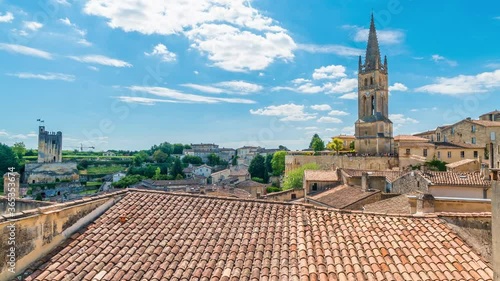 Timelapse of wide angle view of the medieval town of Saint Emilion, Dordogne, Aquitaine, France. Pan move from left to right on roof top photo