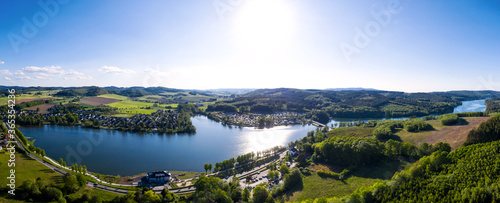 german sorpetalsperre dam in the sauerland from above as high definition panorama