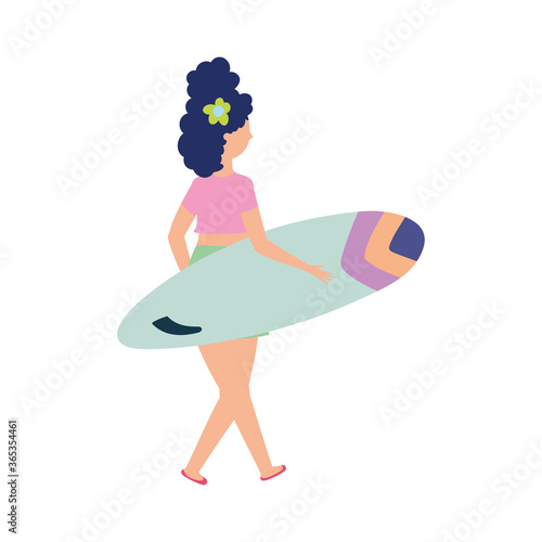 people summer related design, woman carrying surfboard, season activity © Stockgiu