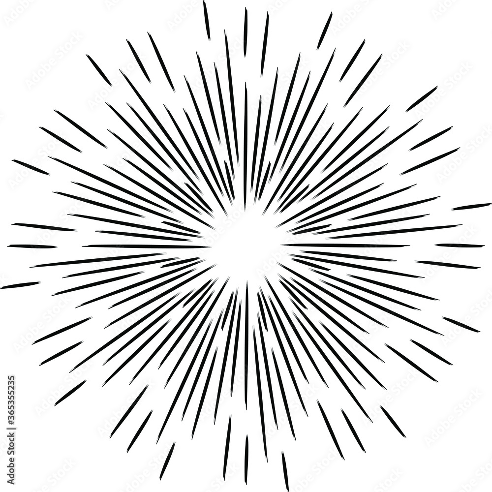 Fototapeta premium Black grunge radial speed lines. Round form. Explosion background. Star rays. Sunburst. Fireworks. Handwritten design element for frames, prints, tattoo, web, template, logo, and comic books