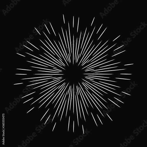 White grunge radial speed lines. Round form. Explosion background. Star rays. Sunburst. Fireworks. Handwritten design element for frames, prints, tattoo, web, template, logo, and comic books