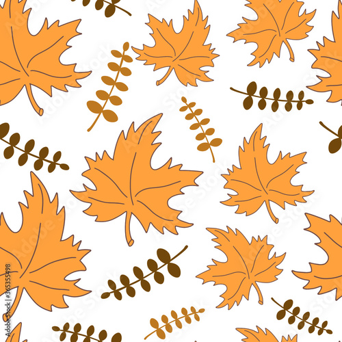 Autumn maple yellow color fall seamless pattern. Hand drawn clip art illustration. Thanksgiving, happy harvest celebrate. Fabric design