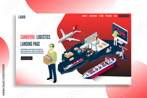 Modern isometric concept of Canberra Logistics Landing page with Global Logistics, Warehouse, Sea Freight. 
Easy to edit and customize. Vector illustration