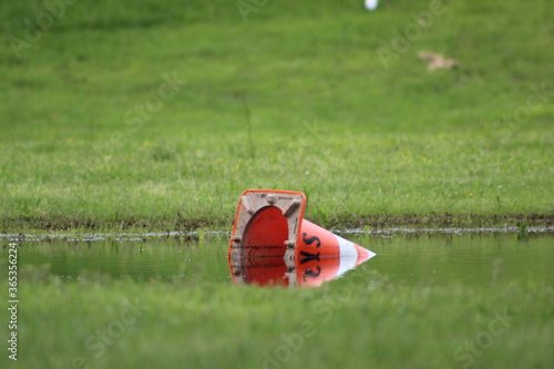 pollution traffic cone in pond