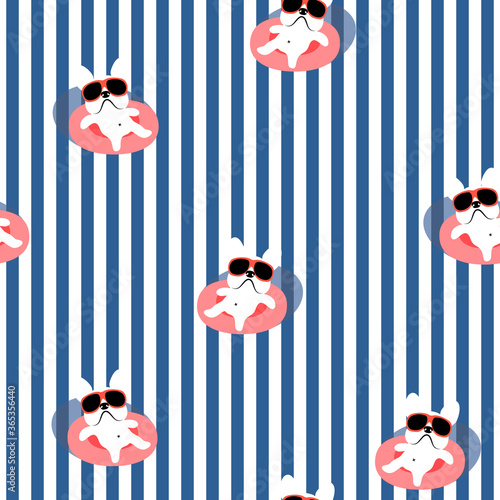 Funny French bulldog with sunglasses and pool float. Cute cartoon dog on summer pool party. Seamless vector illustration.