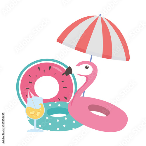 summer time vacation tourism flamingo bird cocktail umbrella and floats