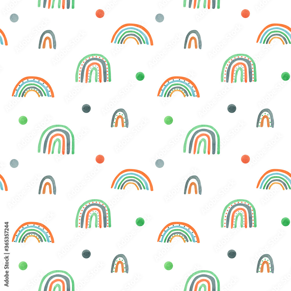 Fototapeta Watercolor nursery raindow seamless pattern. Scandinavian style hand painted rainbows background. Baby shower boy girl rainbow scrapbook paper. Kids fabric design illustration in trendy pastel colors.