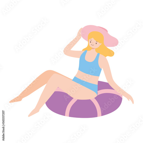 woman in swimsuit with hat on float cartoon isolated design icon white background