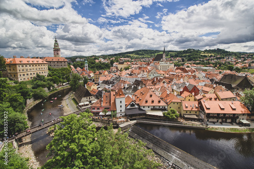 Panoramic view over Cesky Krumlov with Moldau river, Czech Republic 