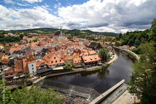 Panoramic view over Cesky Krumlov with Moldau river, Czech Republic 
