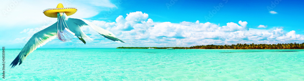 Seagulls with corona virus mask flying over the beach