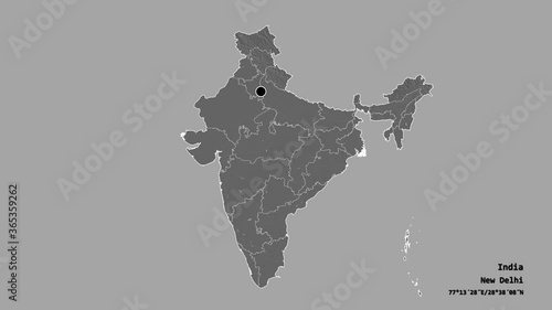 Assam, state of India, with its capital, localized, outlined and zoomed with informative overlays on a bilevel map in the Stereographic projection. Animation 3D photo