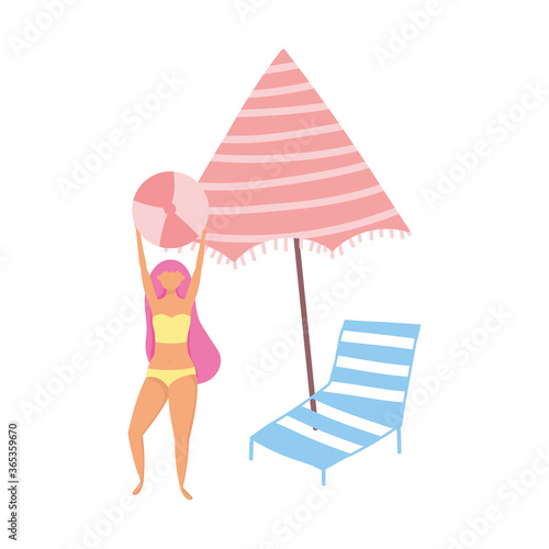 people summer related design, girl with ball umbrella and deck chair