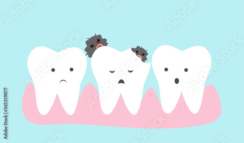 Cute teeth cartoon vector. Dental caries concept illustration.