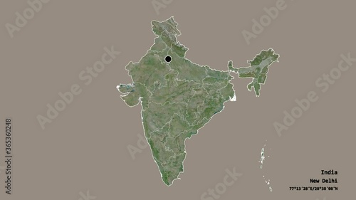 Dadra and Nagar Haveli, union territory of India, with its capital, localized, outlined and zoomed with informative overlays on a satellite map in the Stereographic projection. Animation 3D photo