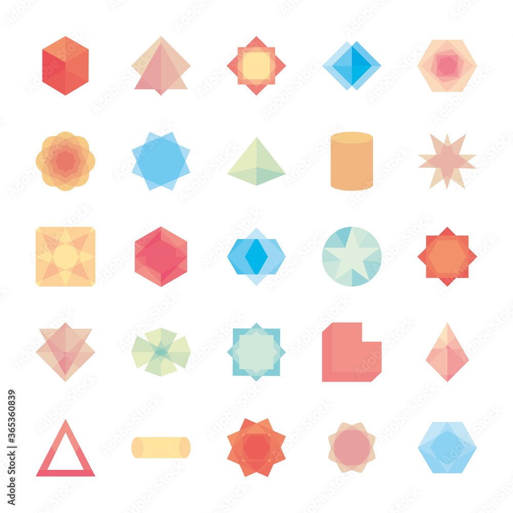 cube and geometric shapes icon set, flat style cube and geometric shapes icon set, flat style