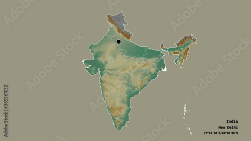 Gujarat, state of India, with its capital, localized, outlined and zoomed with informative overlays on a relief map in the Stereographic projection. Animation 3D photo