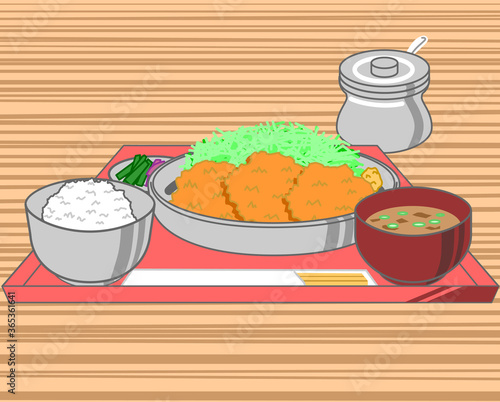 トレーにのった一口とんかつ一口ひれかつの定食味噌汁と漬物セットのイラスト