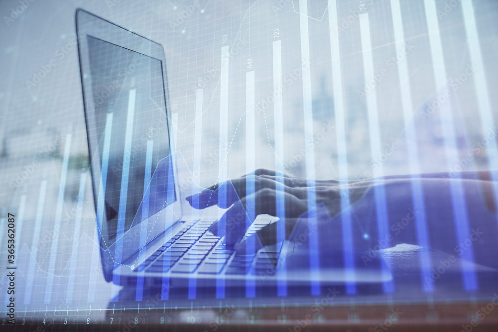 Double exposure of woman hands typing on computer and forex chart hologram drawing. Stock market analysis concept. Double exposure of woman hands typing on computer and forex chart hologram drawing. Stock market analysis concept.