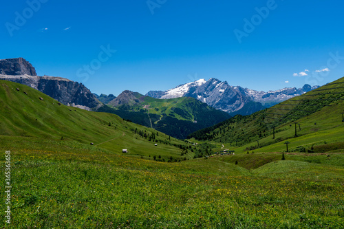 The beautiful landscape arround the sella group with the sella towers in the dolomites from Italy.