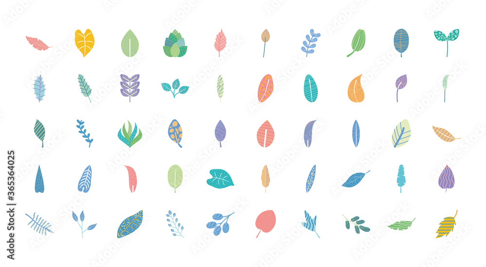 abstract tropical leaves icon set, flat style abstract tropical leaves icon set, flat style